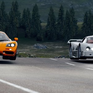 Mercedes Benz CLK-GTR vs McLaren F1 Highlands. Assetto Corsa 4K replay.